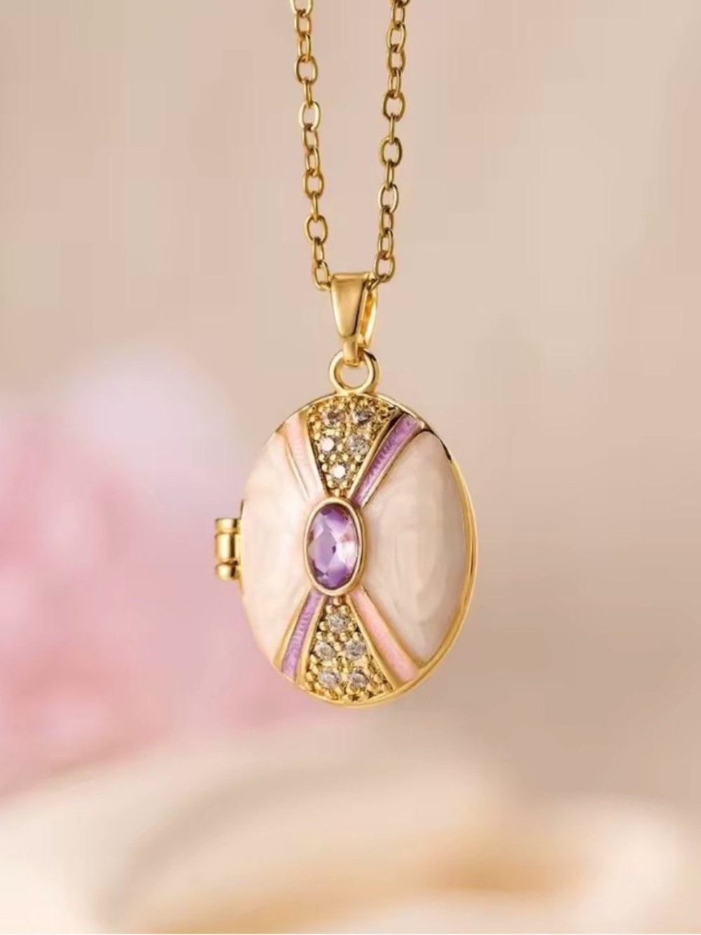 Gold Tone Mother-of-Pearl Locket Necklace with Purple Gem